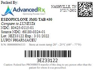 Eszopiclone 3mg Tab Qty 30 NDC 80425 0115